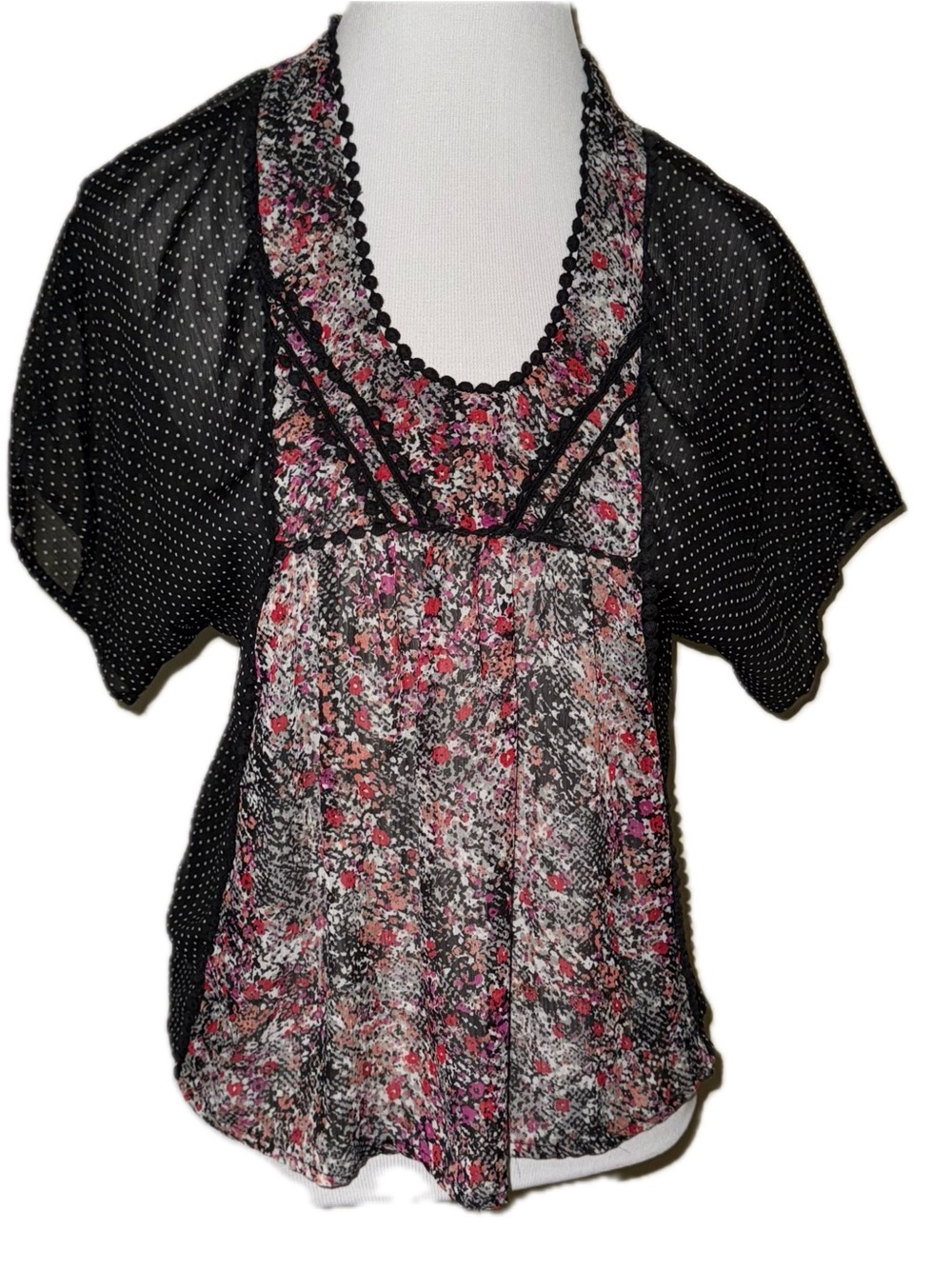 Xhiliration Sheer Floral & Dots Print Relaxed Fit Peasant Style Top, Sz XS